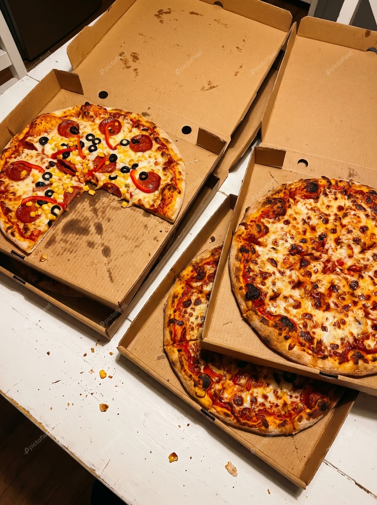 Variety of delivery pizzas in open cardboard boxes
