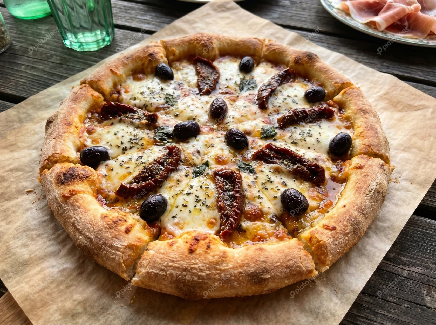 Rustic pizza with sun-dried tomatoes and black olives