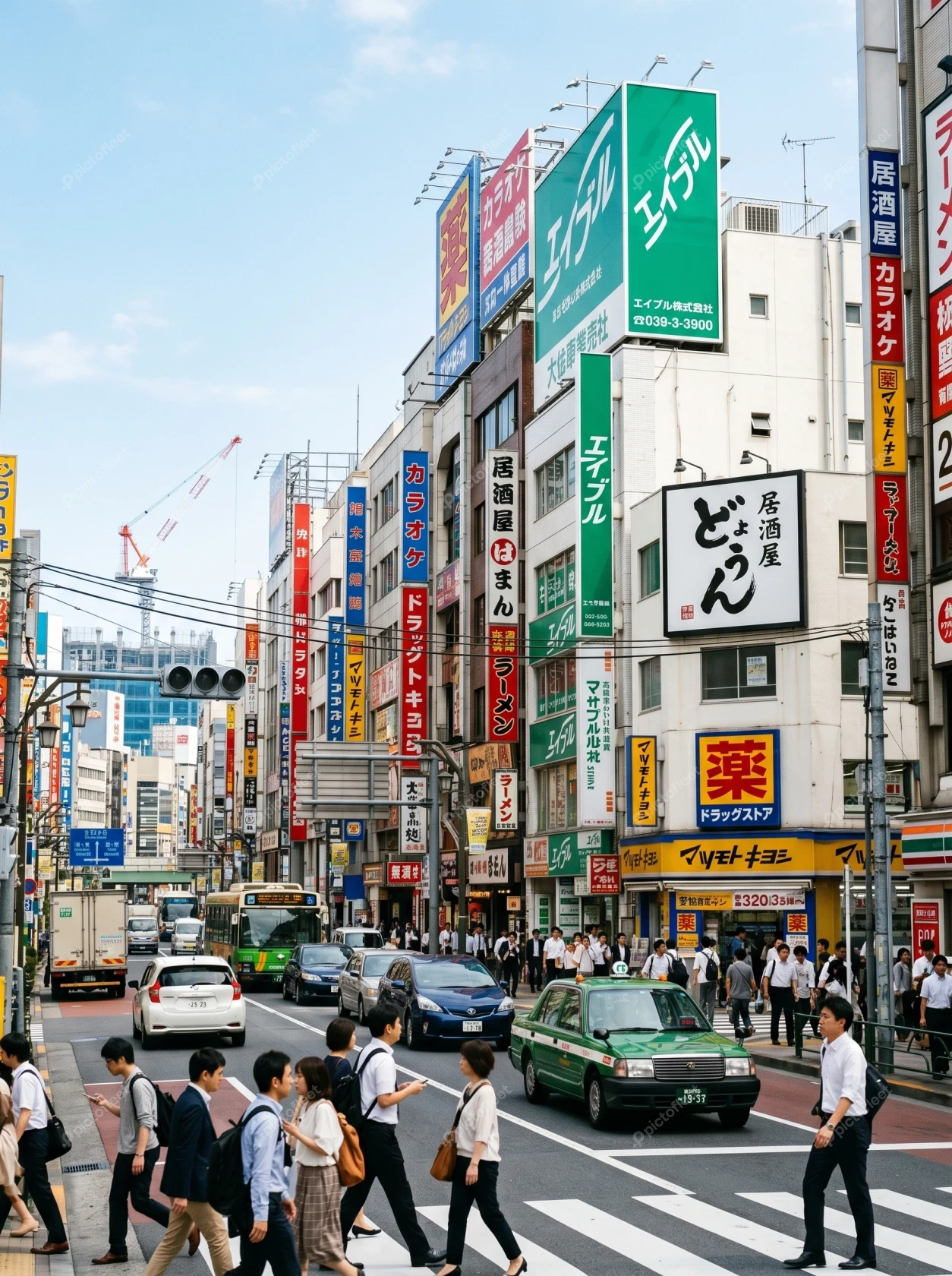 Pedestrians crossing a busy urban street in Tokyo Japan