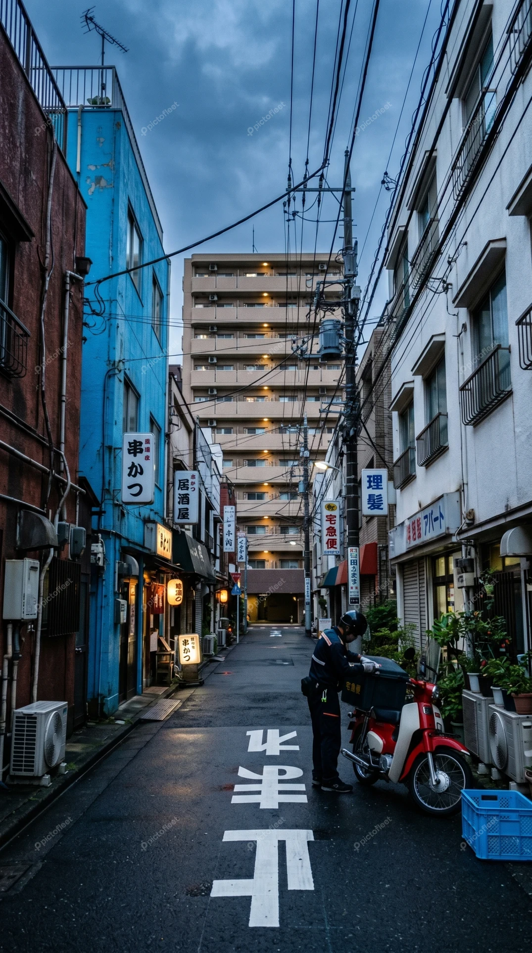 Narrow urban alleyway in Japan at dusk with delivery scooter