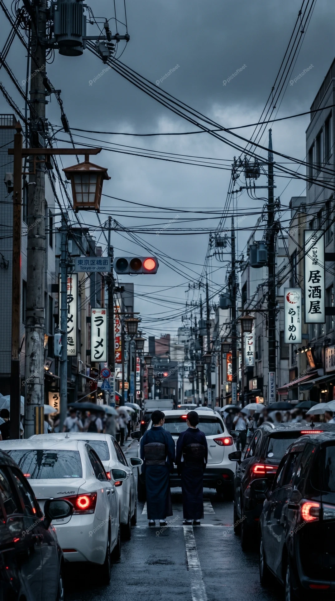 Two people in traditional Japanese attire walking in city traffic