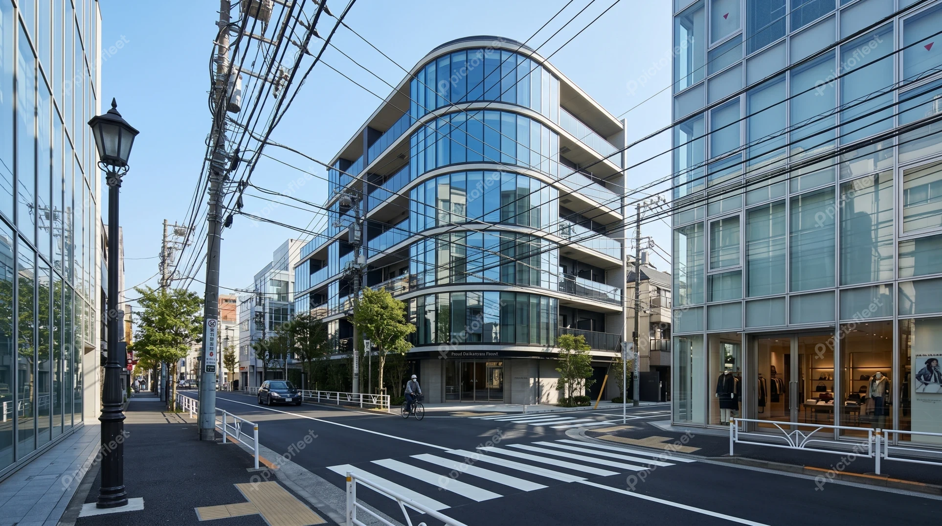 Modern office building with curved glass facade on city street