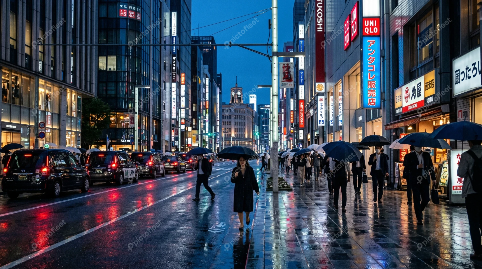 Rainy night in Ginza Tokyo with people holding umbrellas