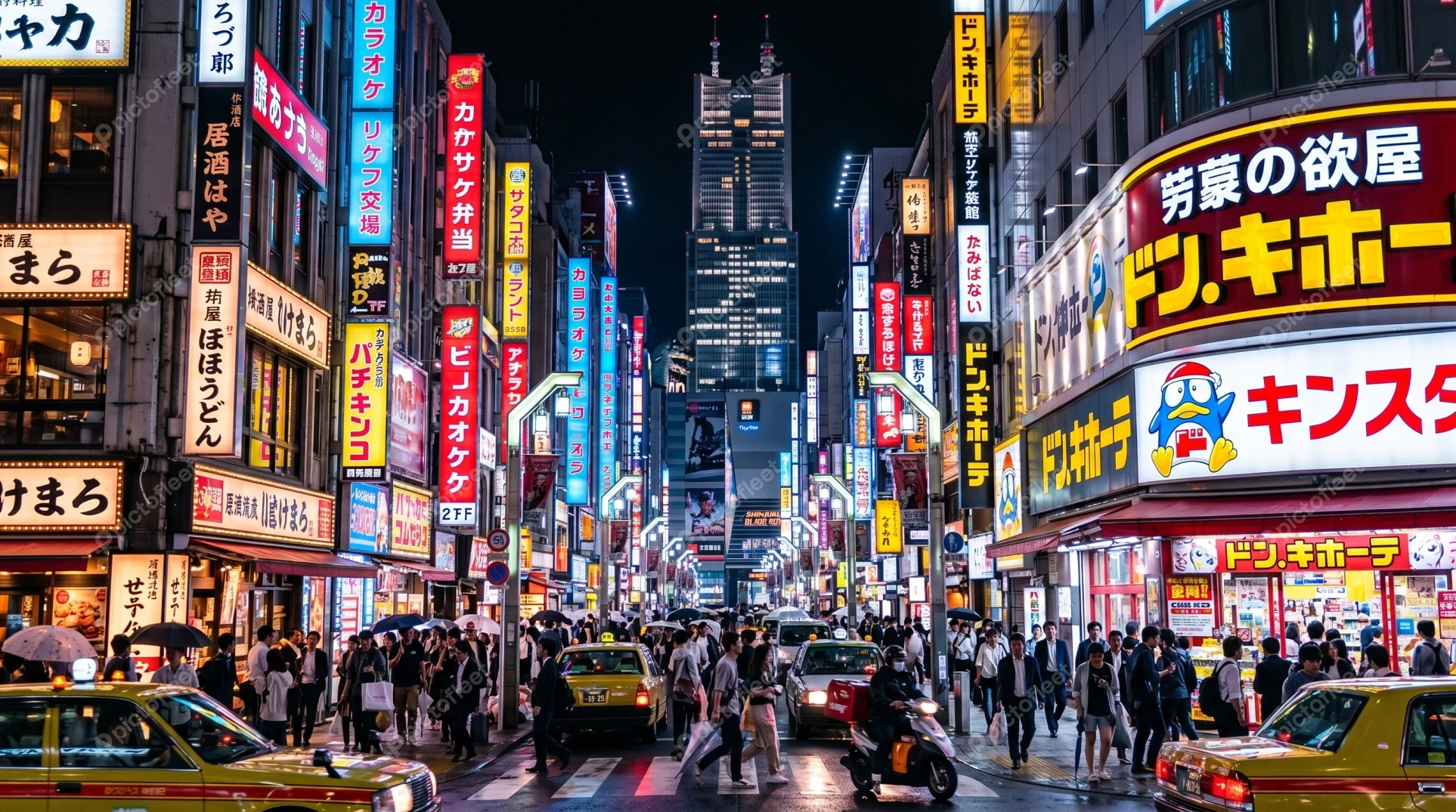 Busy street in Shinjuku Tokyo at night with neon signs