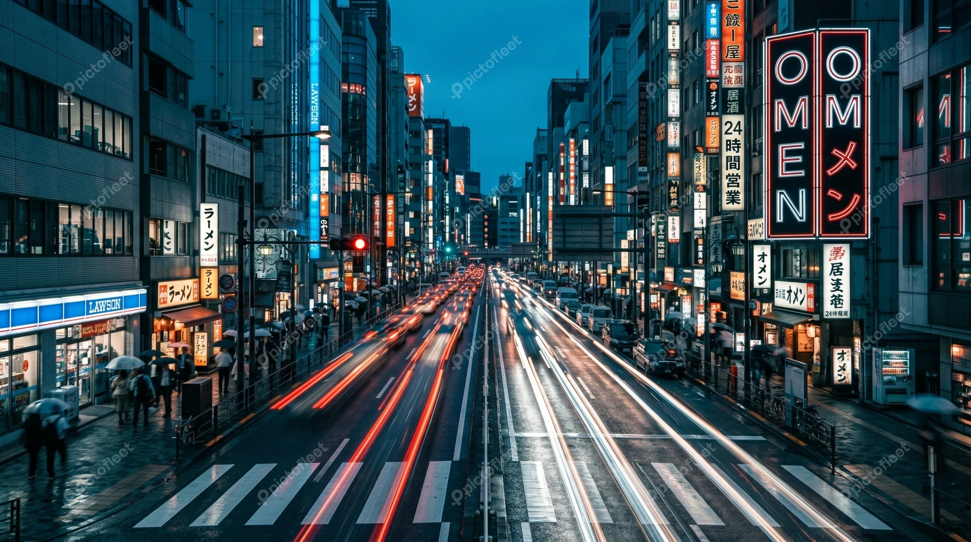 Night city traffic light trails in Tokyo, Japan
