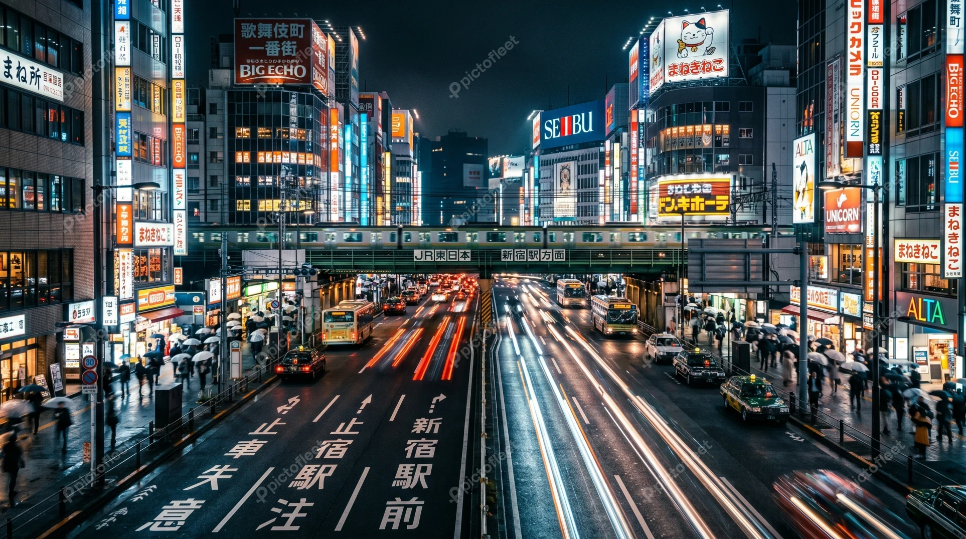 Vibrant Shinjuku neon street at night with light trails