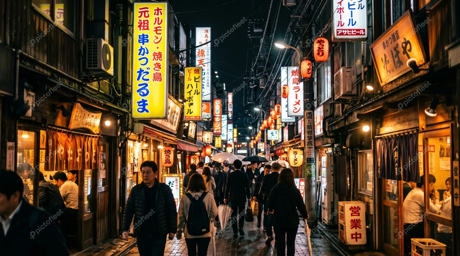 Crowded Shinjuku alleyway with neon signs at night