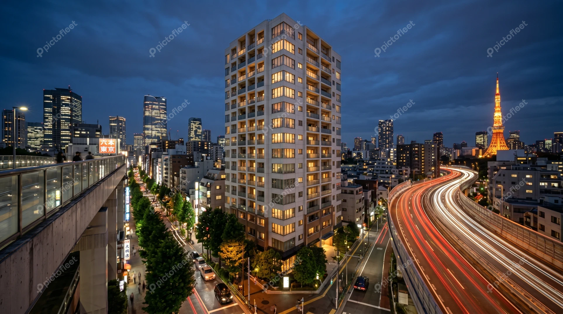 Tokyo cityscape with Tokyo Tower and highway traffic light trails