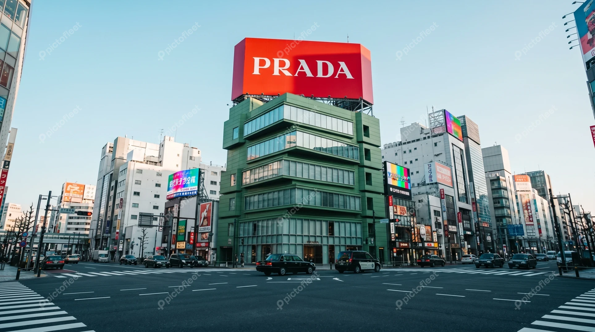 Large Prada billboard on top of a building in Tokyo