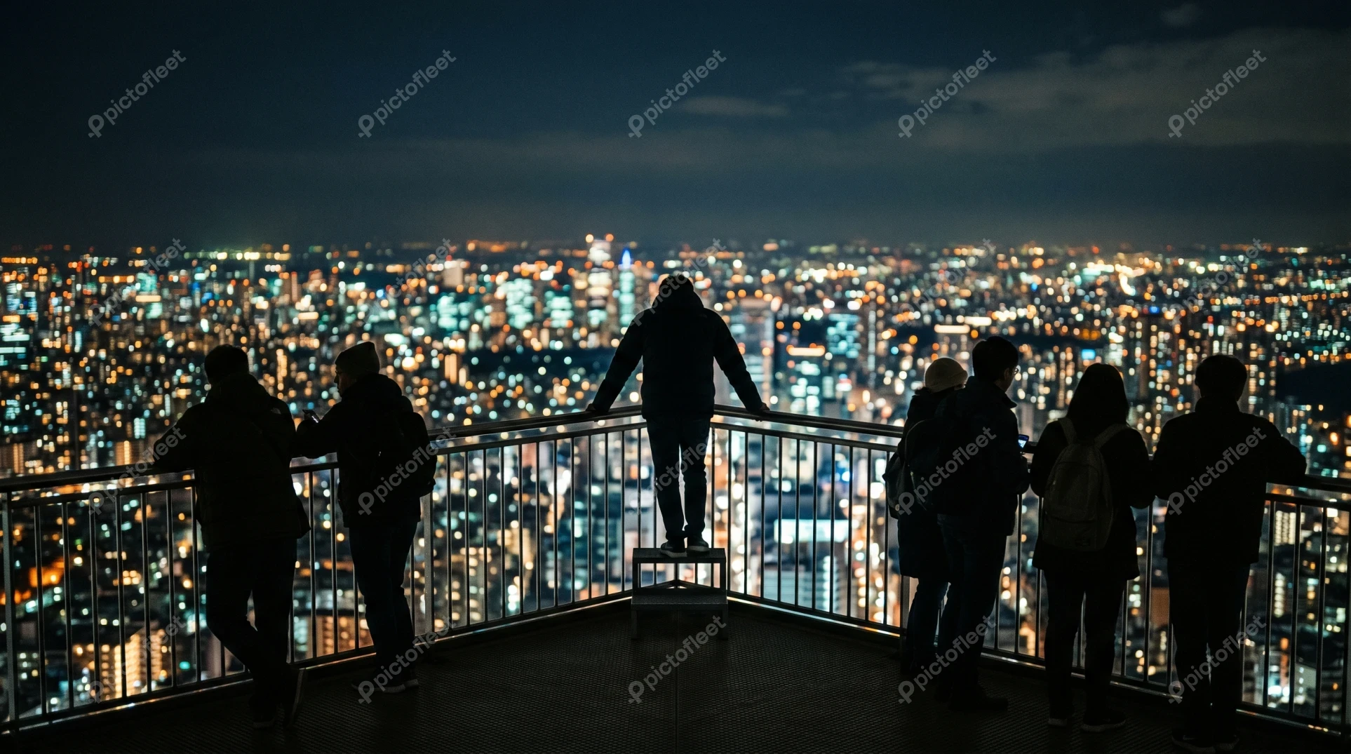 Silhouettes of people viewing illuminated city skyline at night