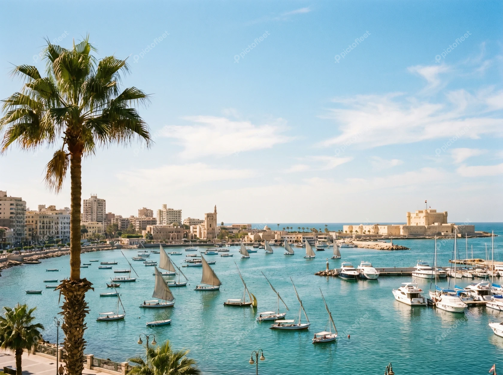 Sailboats in Alexandria harbor near Citadel of Qaitbay, Egypt