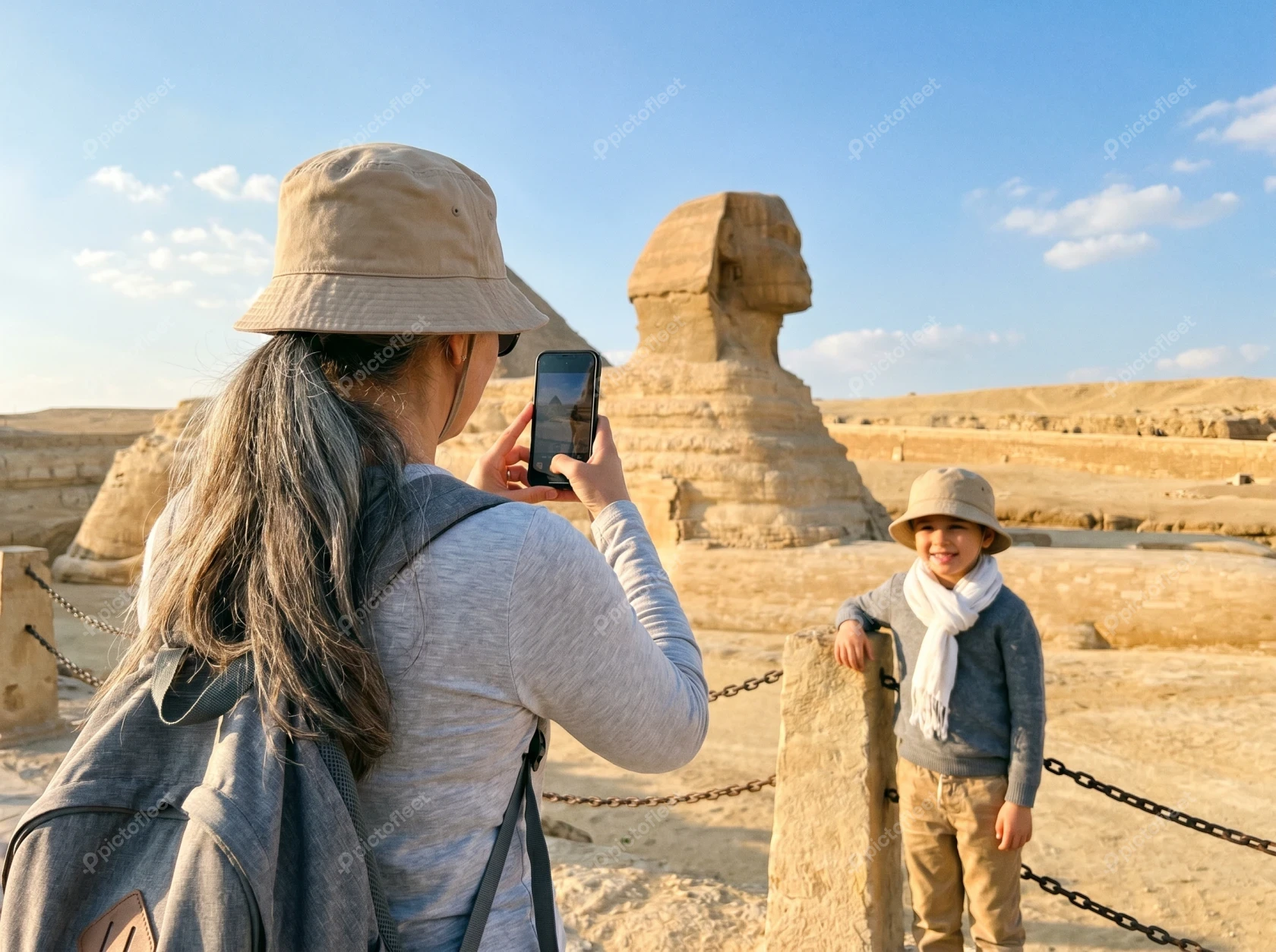 Woman taking photo of child at Great Sphinx in Giza