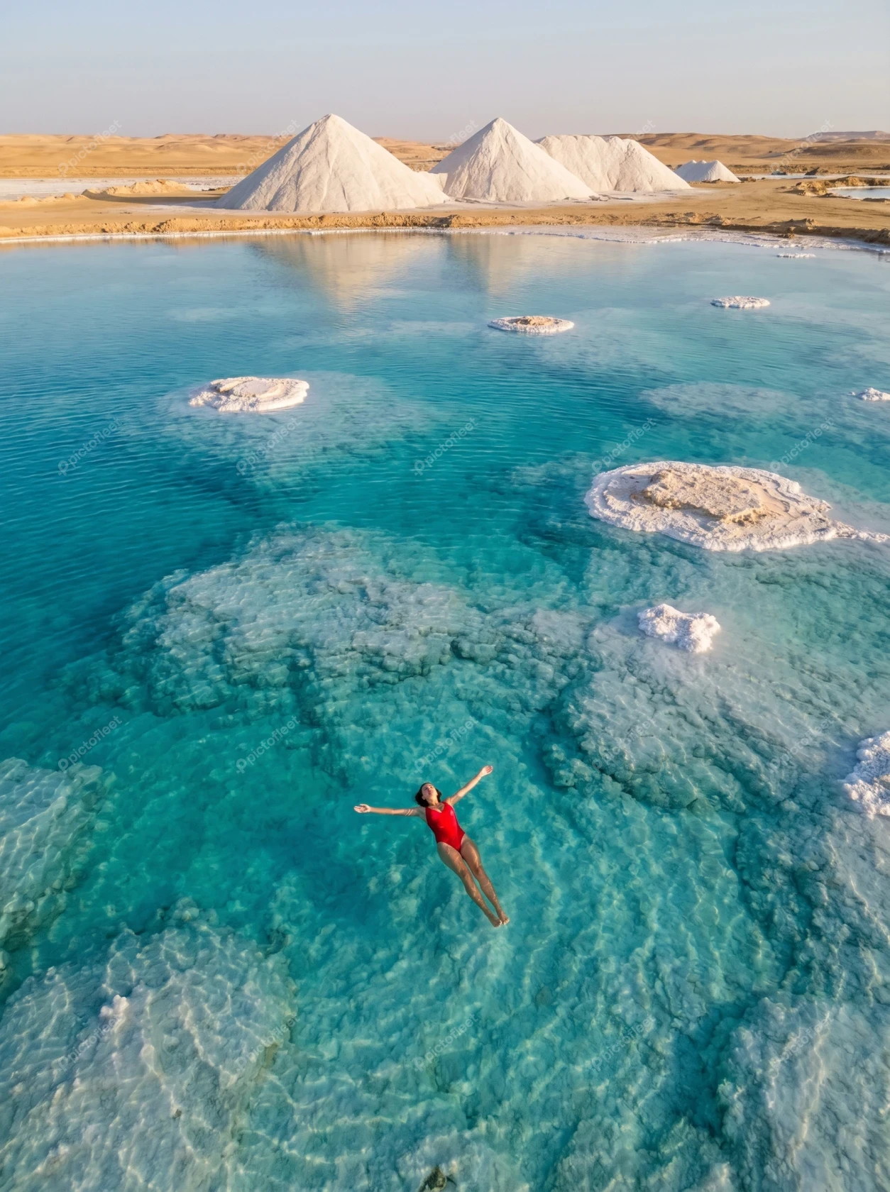 Woman in red swimsuit floating in a turquoise salt lake