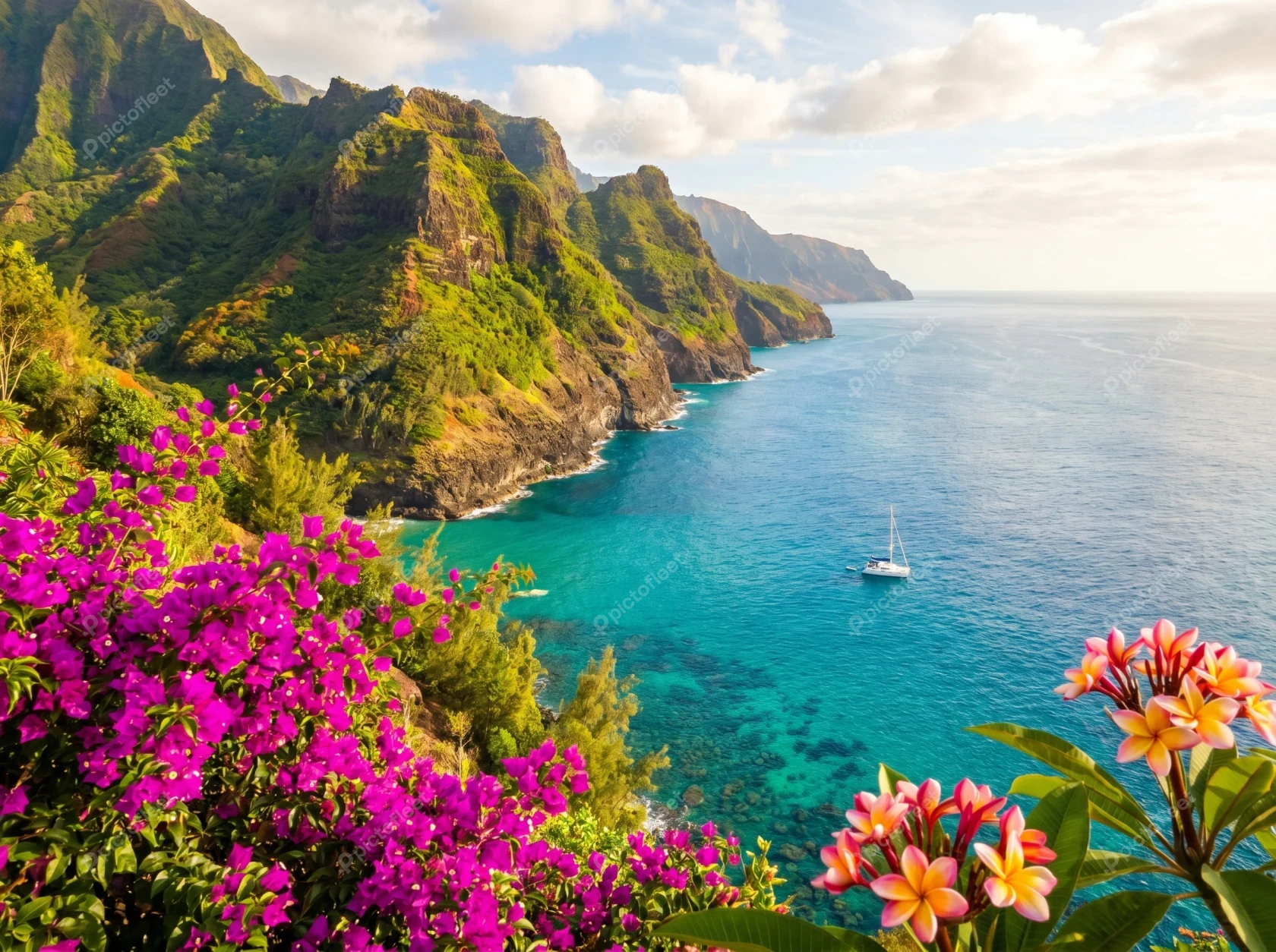 Scenic tropical coastline with bougainvillea flowers and blue ocean