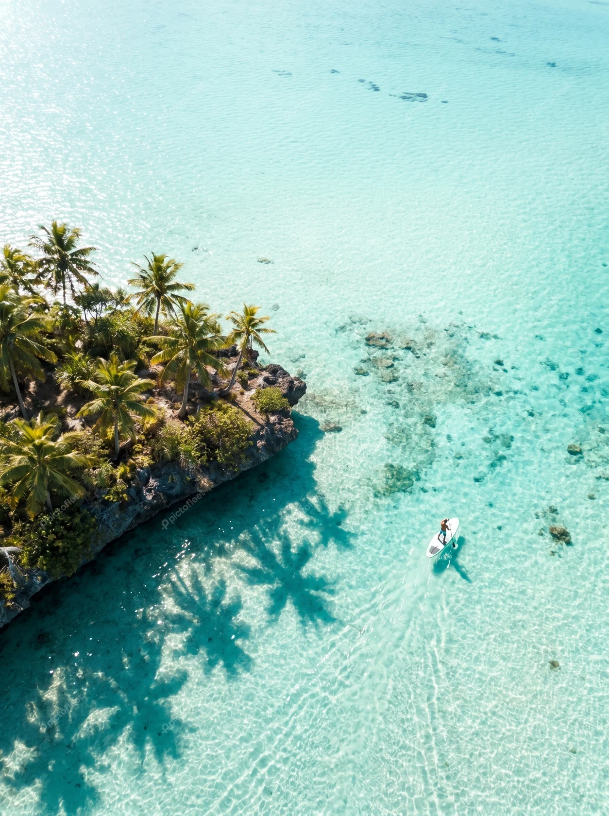 Aerial view of paddleboarding in turquoise tropical ocean water