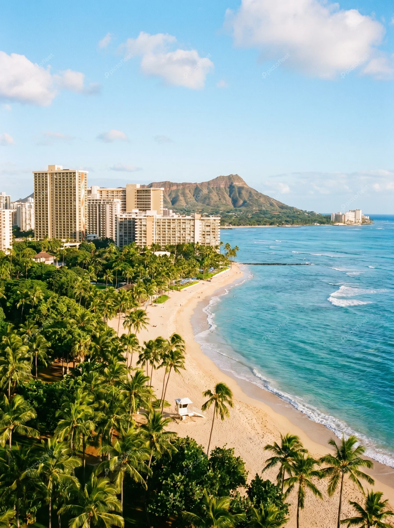 Aerial view of Waikiki Beach with Diamond Head in Honolulu