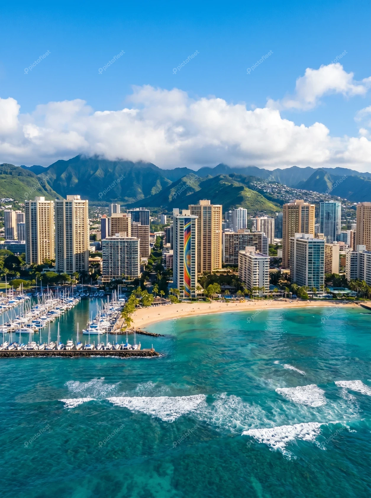 Aerial view of Waikiki beach and Honolulu skyline Hawaii
