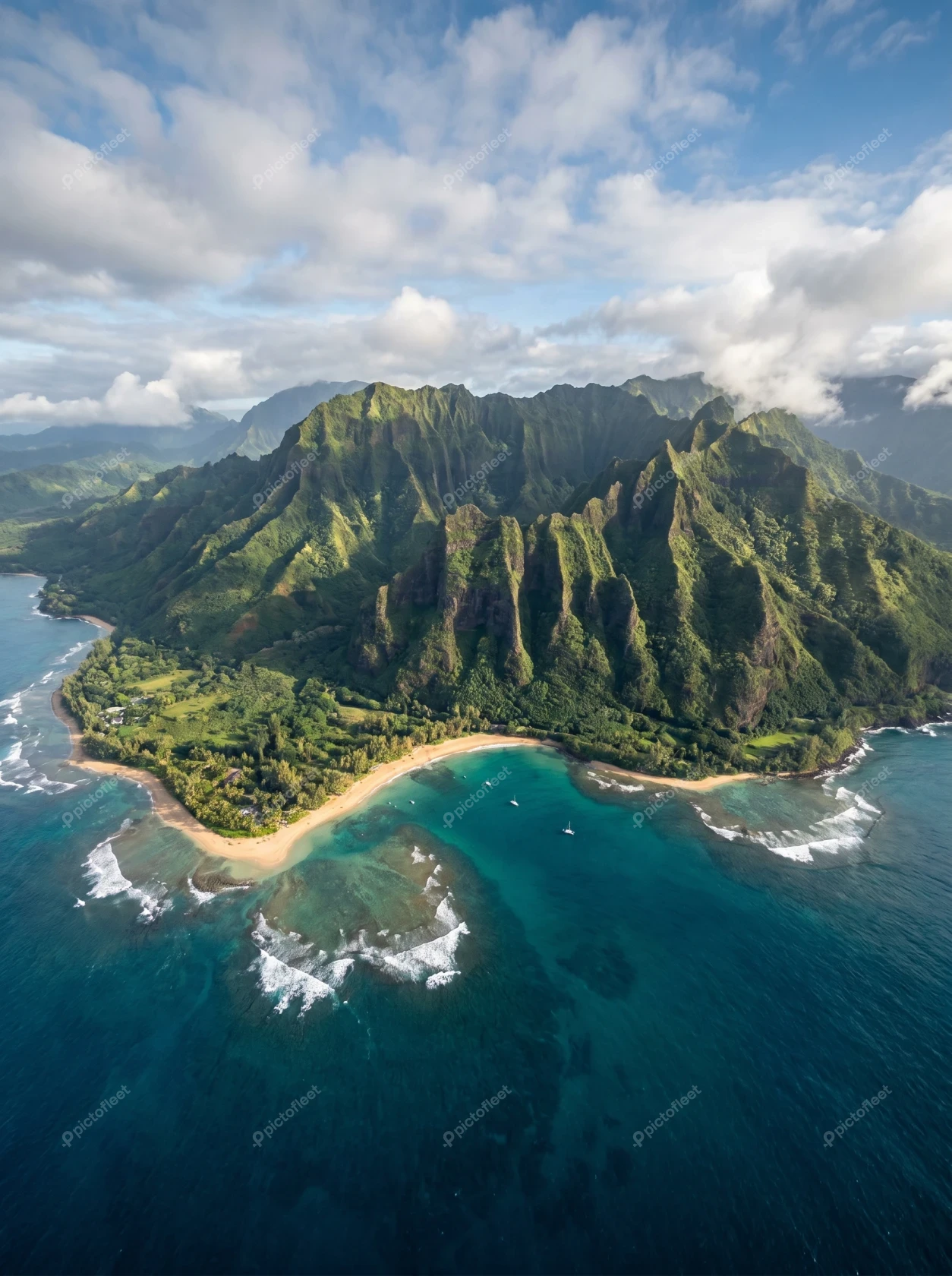 Aerial view of lush green mountains and turquoise coastline