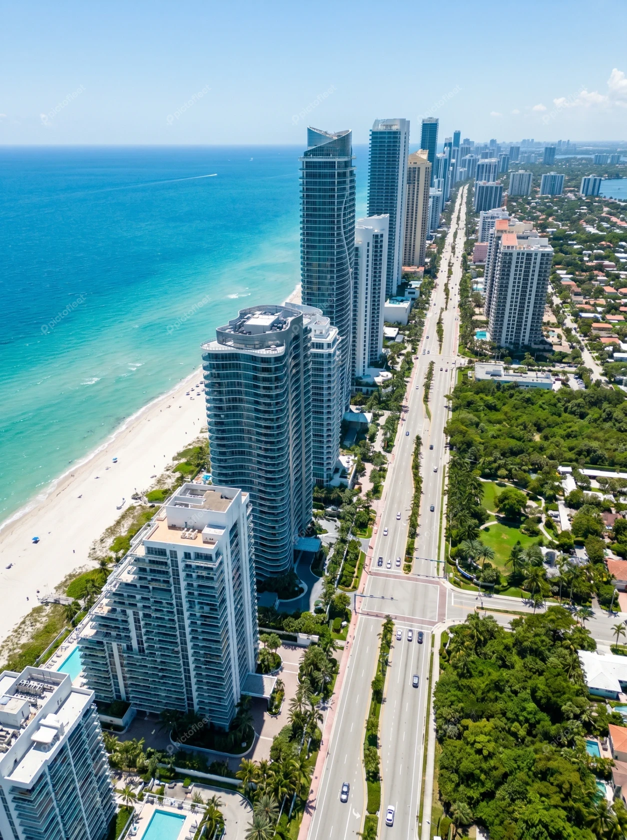 Aerial view of luxury skyscrapers along the Florida coastline