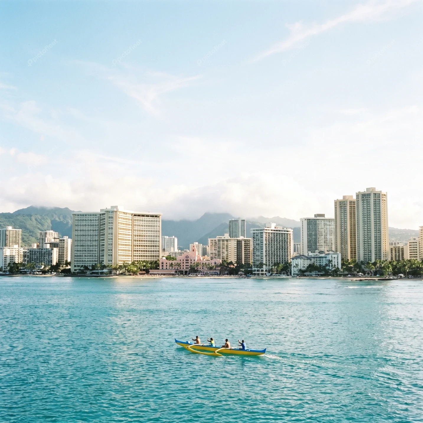 Outrigger canoe paddling in front of Honolulu Waikiki skyline
