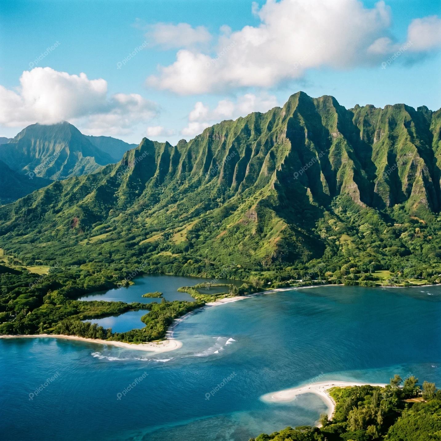 Aerial view of lush green mountains and tropical bay