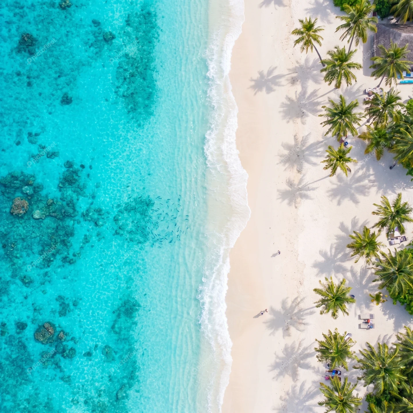 Aerial view of tropical beach with turquoise water and palms