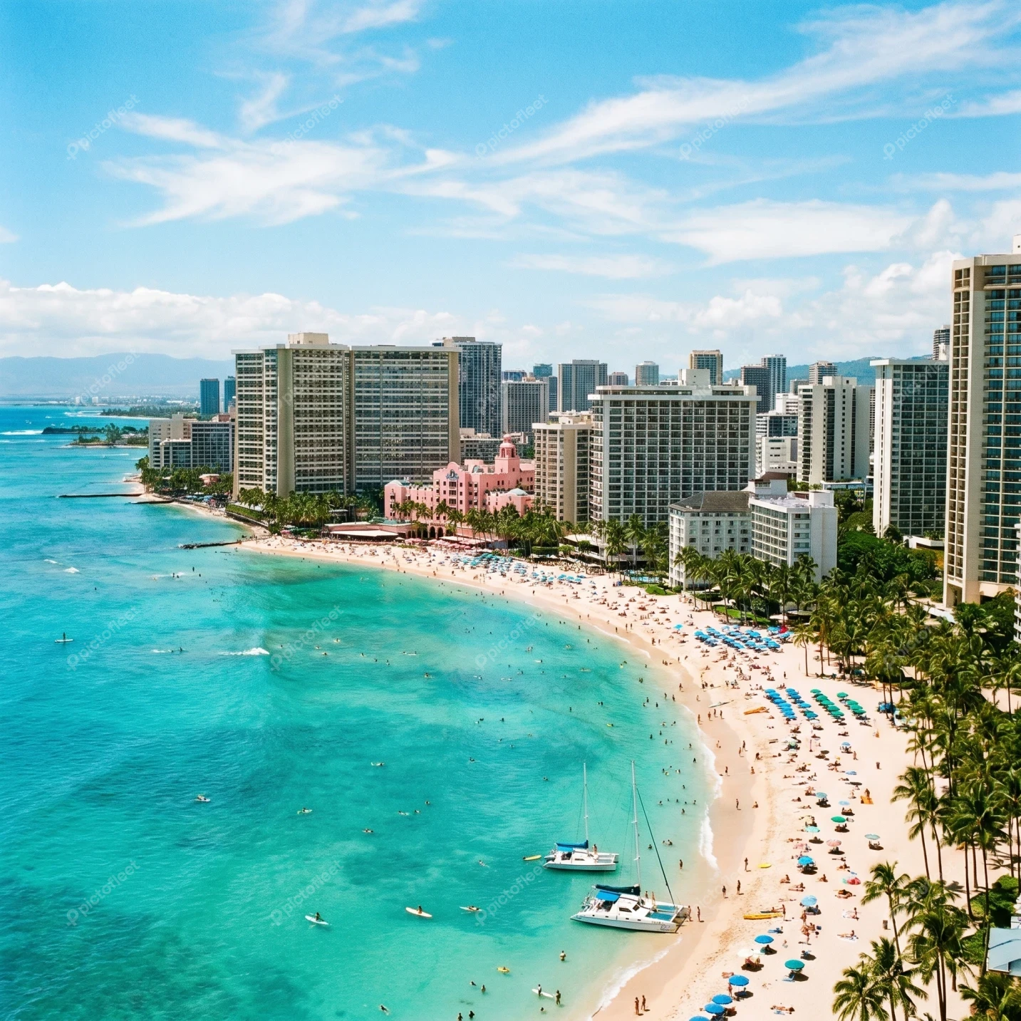 Aerial view of Waikiki Beach and Honolulu skyline in Hawaii
