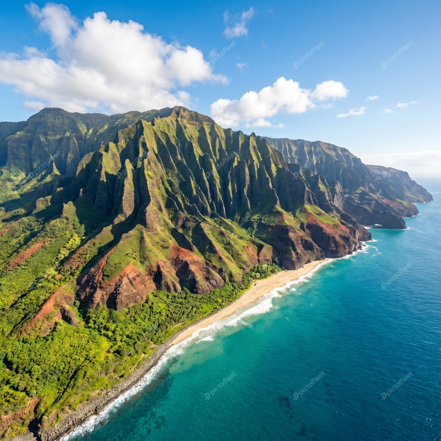 Aerial view of Napali Coast cliffs and turquoise ocean