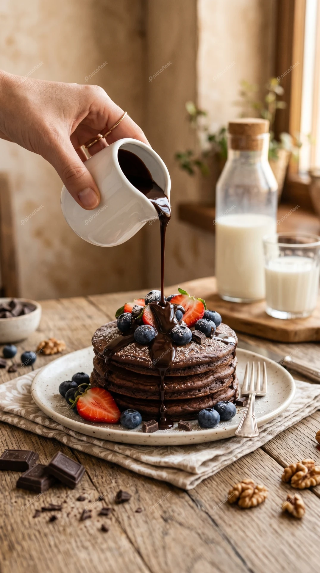 Pouring chocolate syrup over a stack of chocolate pancakes