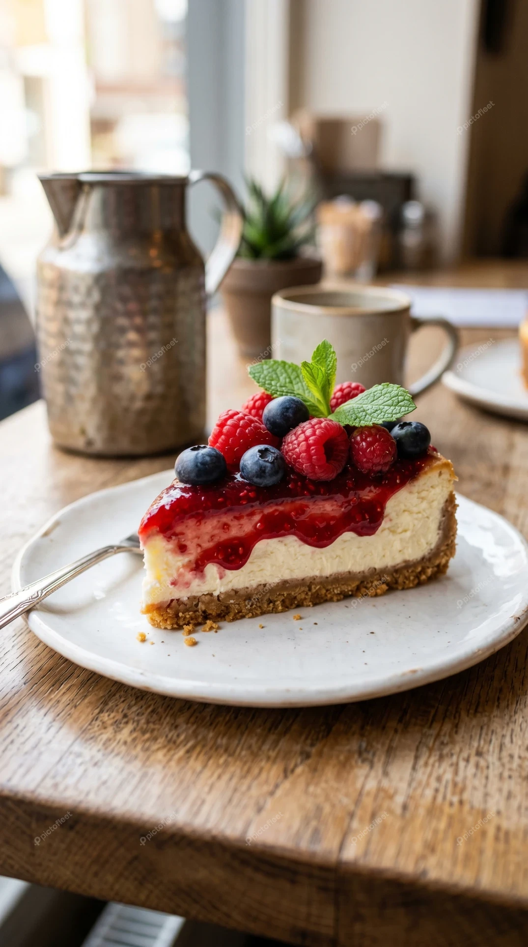 Slice of cheesecake topped with fresh berries and mint