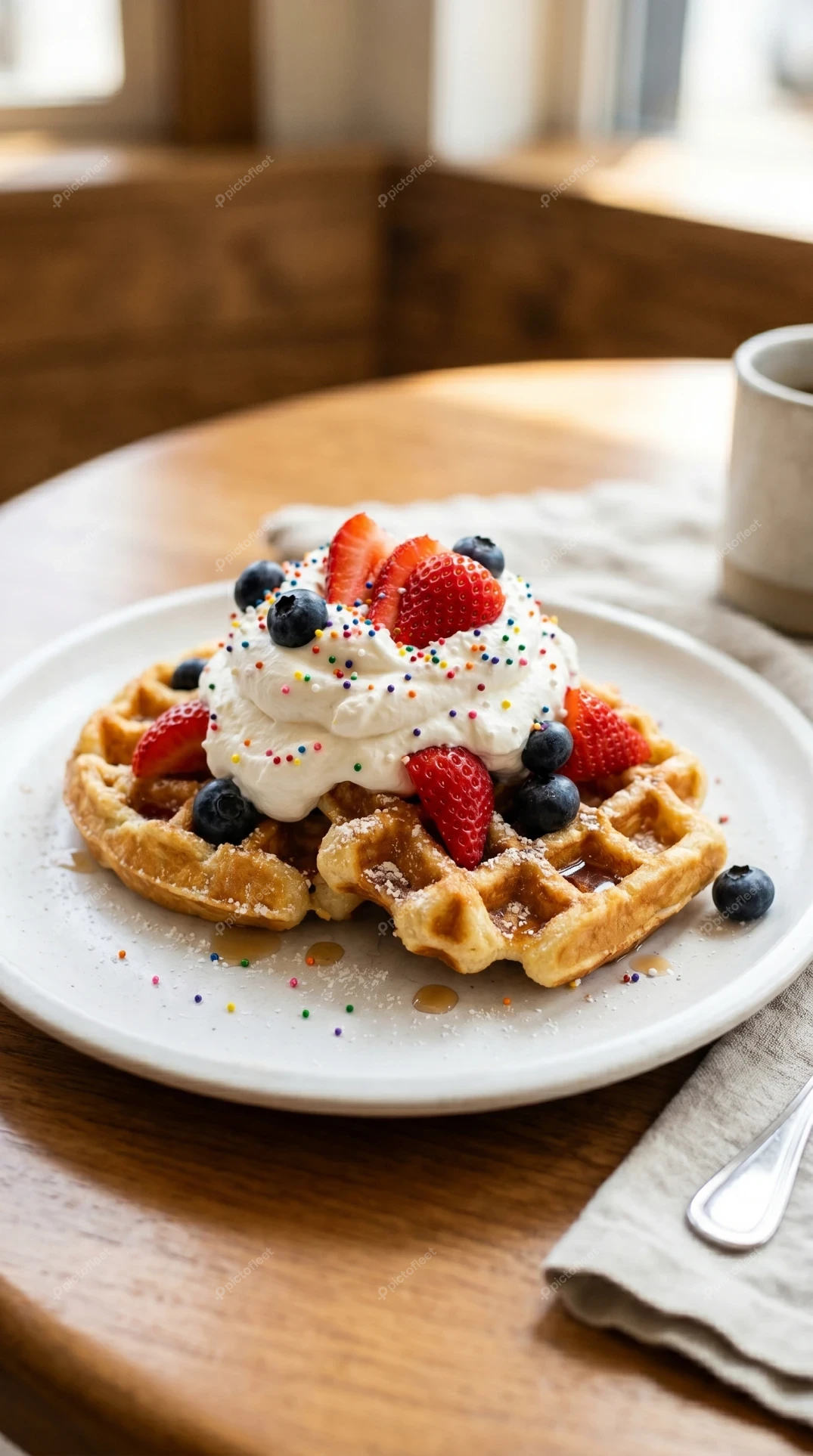 Waffles with whipped cream, berries, and sprinkles on a plate