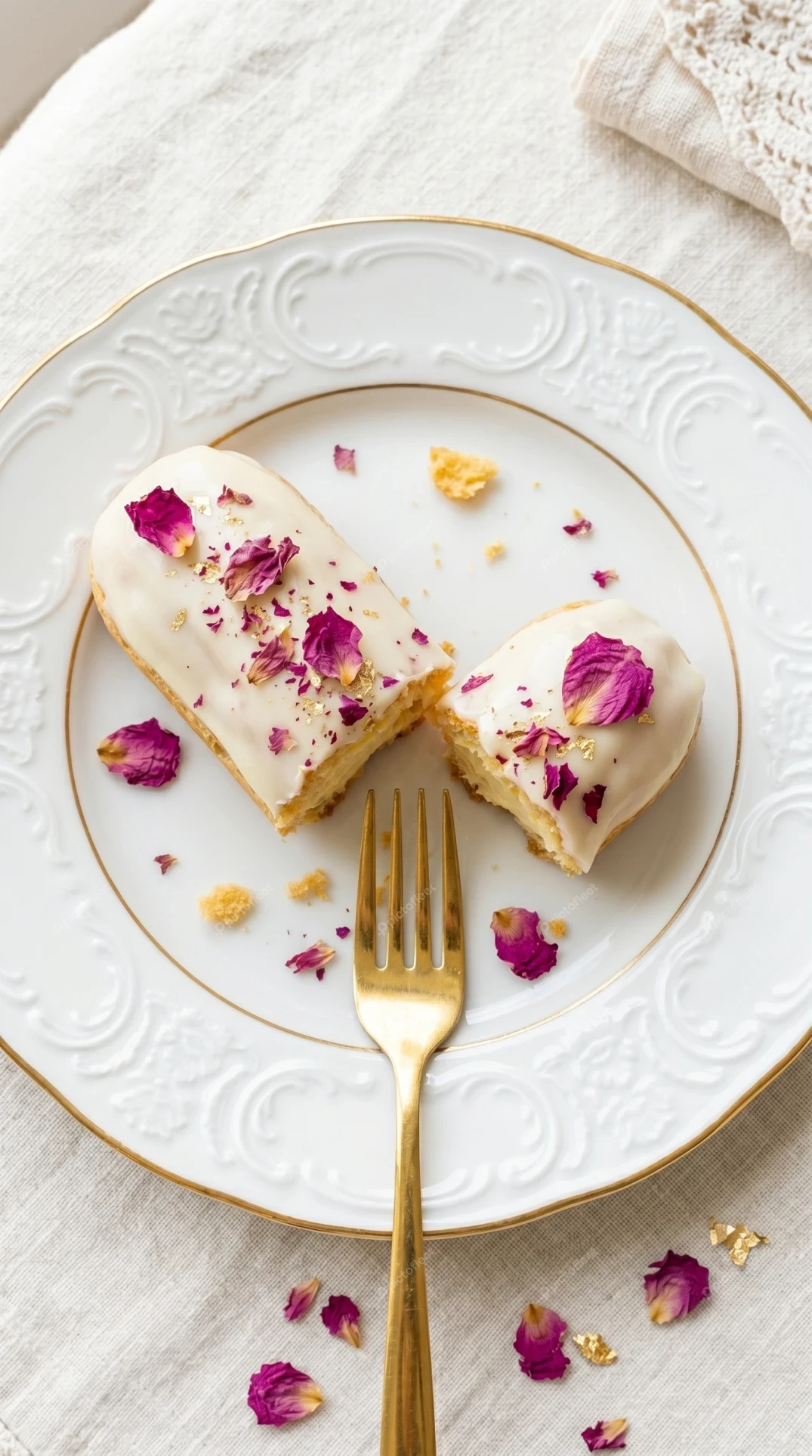 Glazed pastry with dried rose petals and gold leaf