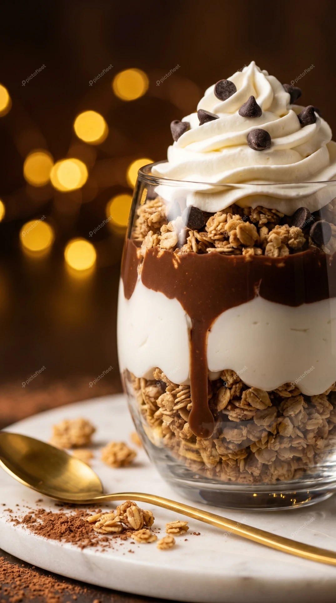 Layered chocolate and granola parfait with whipped cream topping