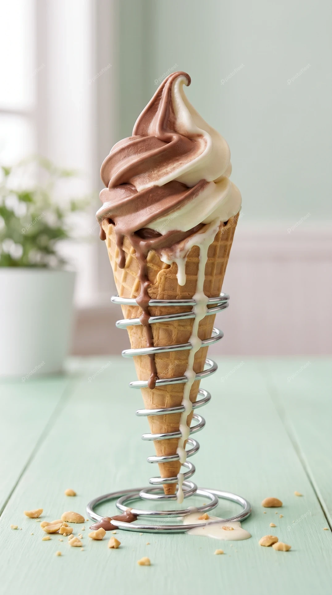 Chocolate and vanilla swirl soft serve melting in waffle cone
