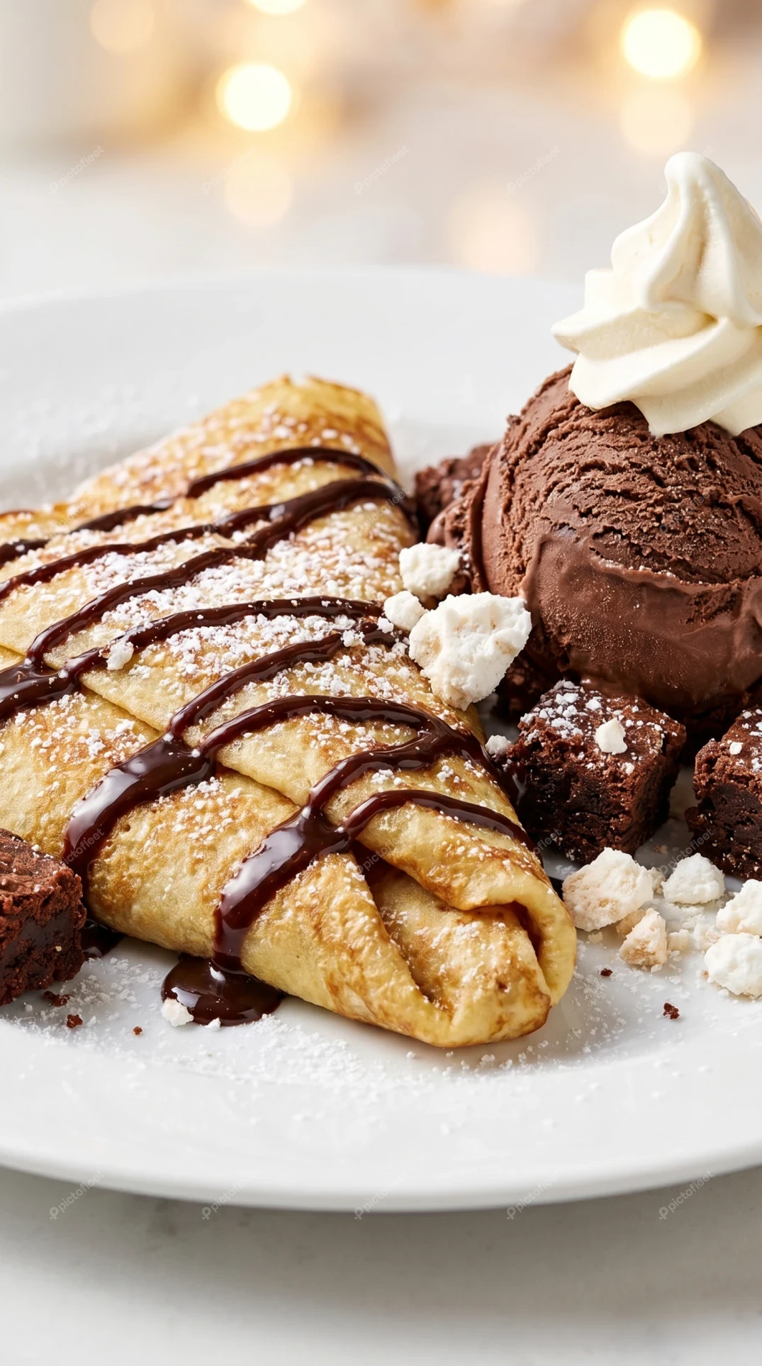 Sweet dessert crepe with chocolate sauce and ice cream