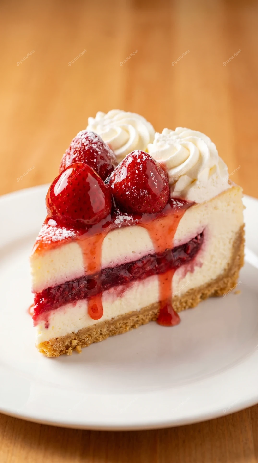 Slice of strawberry cheesecake topped with whipped cream and berries