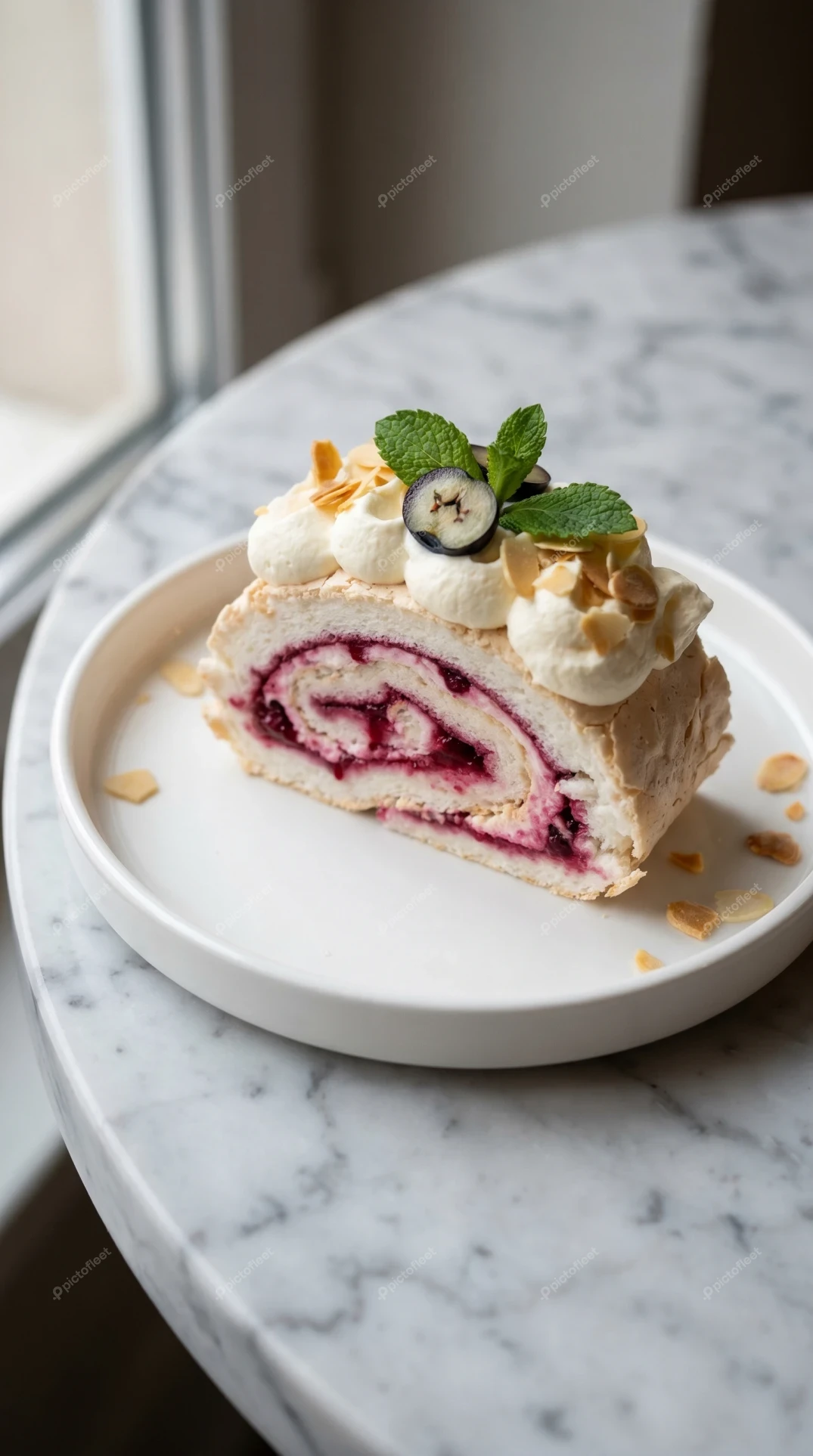 Slice of berry meringue roulade with whipped cream and mint
