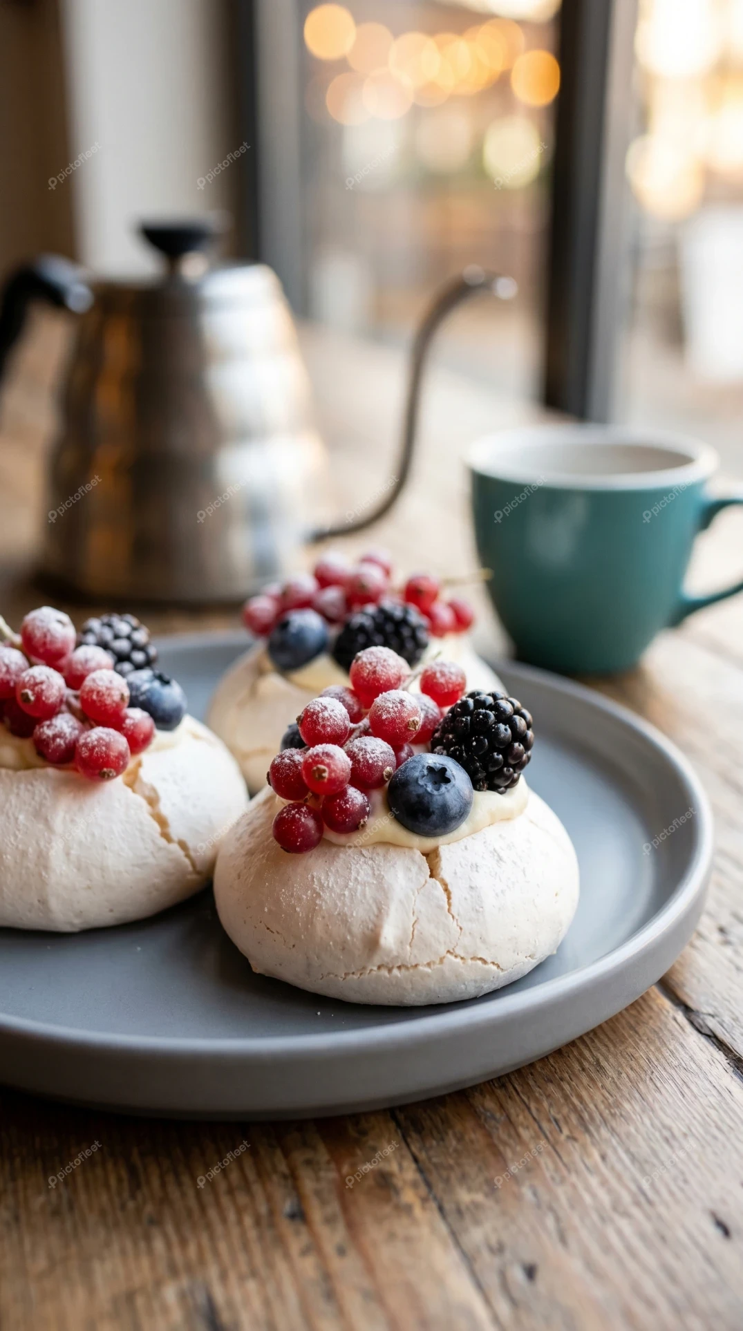 Mini Pavlova desserts with fresh berries on a wooden table