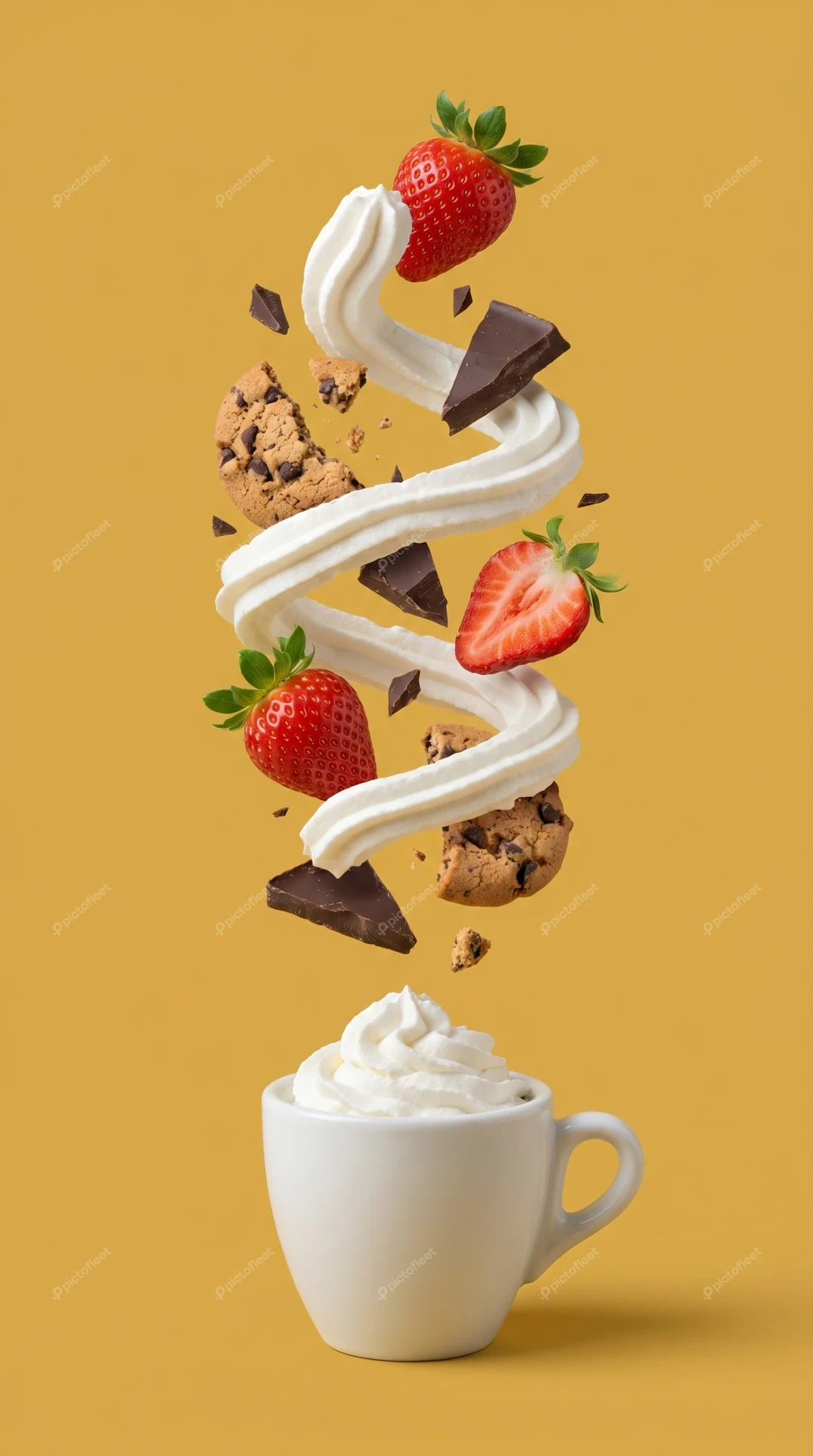 Coffee cup with levitating whipped cream, strawberries and cookies
