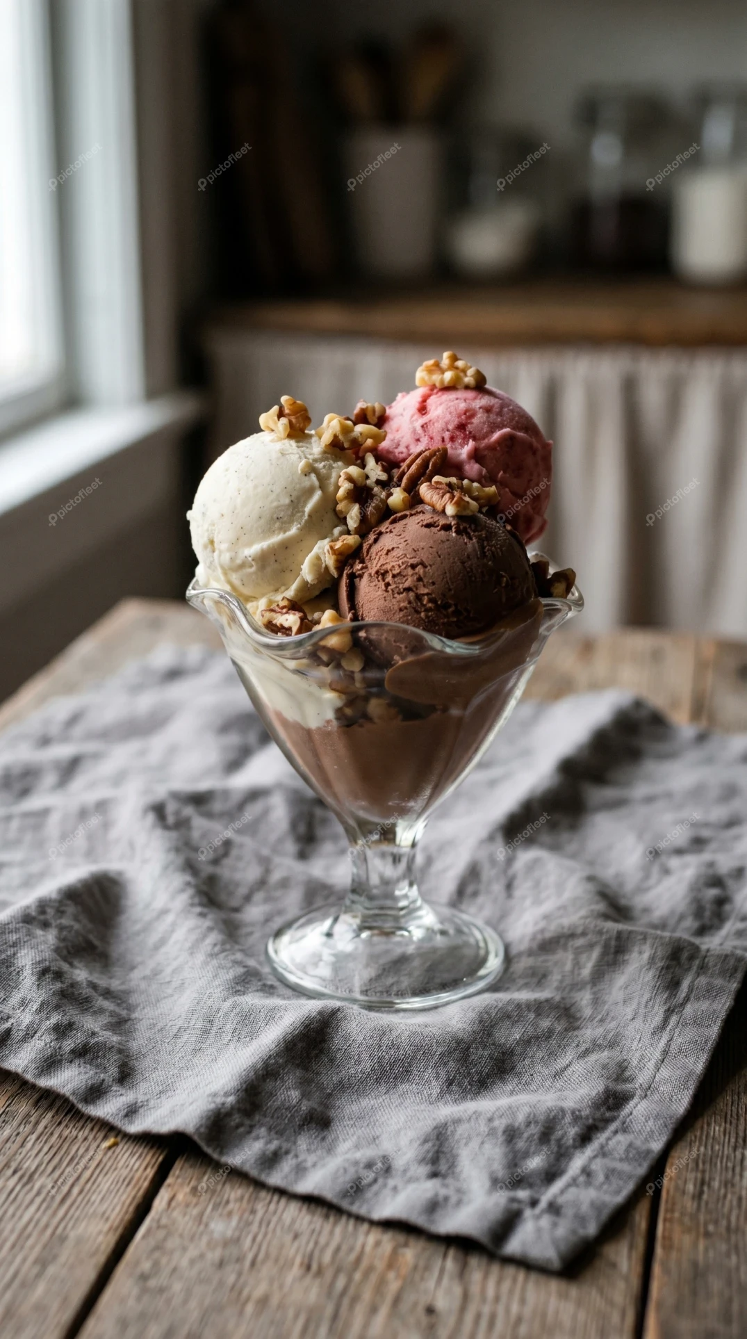 Three scoops of ice cream with walnuts in glass bowl
