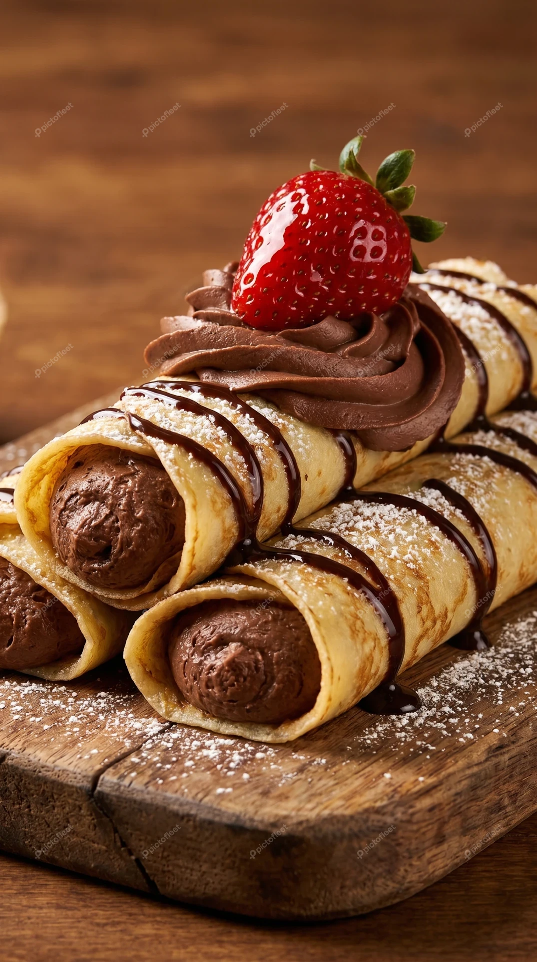 Chocolate mousse filled crepes with strawberry on wooden board