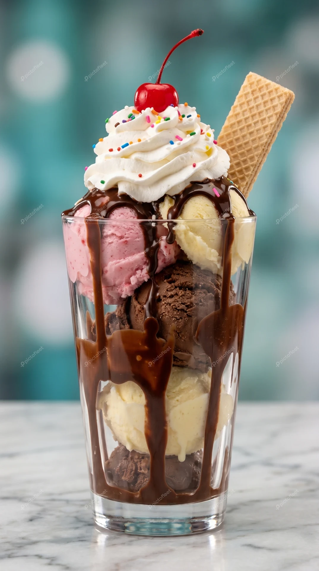 Classic ice cream sundae with chocolate syrup and cherry