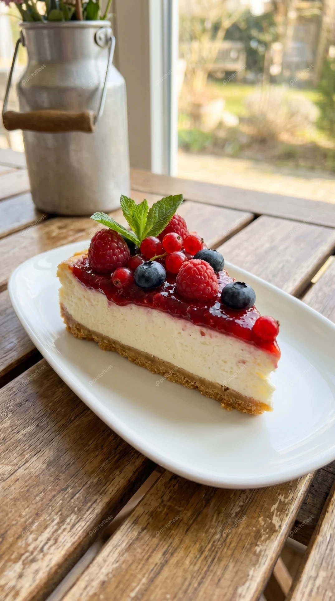 Slice of cheesecake topped with fresh berries and mint