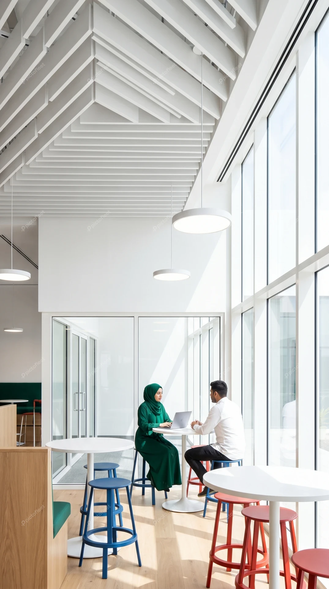 Diverse business professionals collaborating in a bright modern workspace