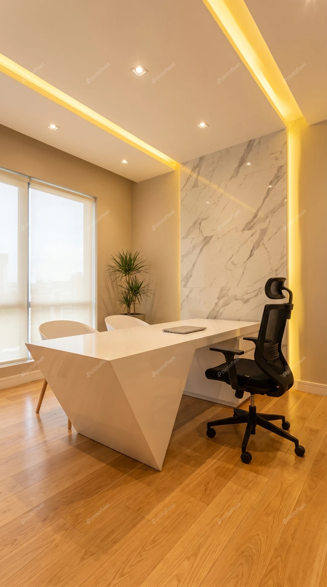 Modern minimalist office with geometric desk and marble wall