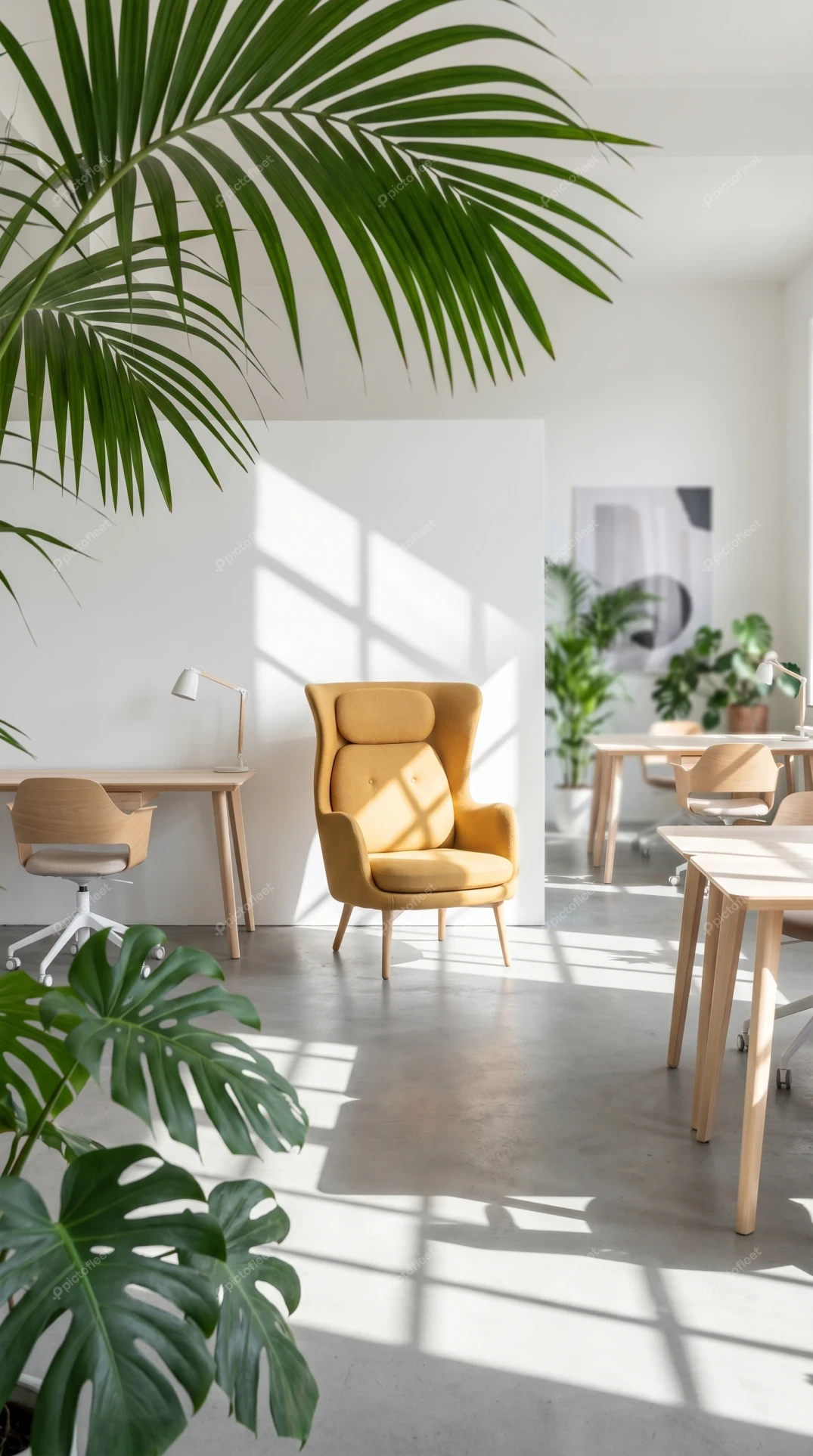 Bright modern office interior with yellow armchair and plants