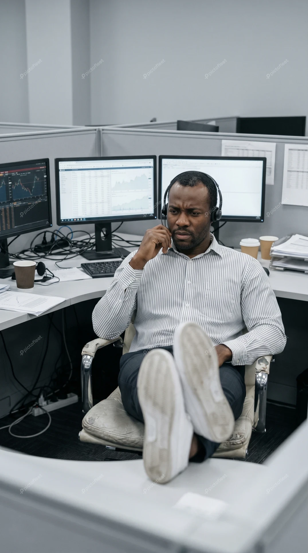Businessman wearing headset looking at monitors with feet on desk