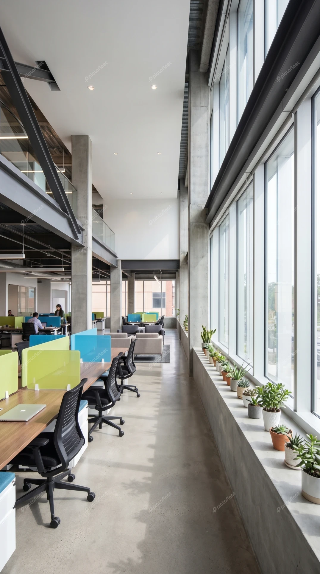 Modern industrial open plan office with large windows
