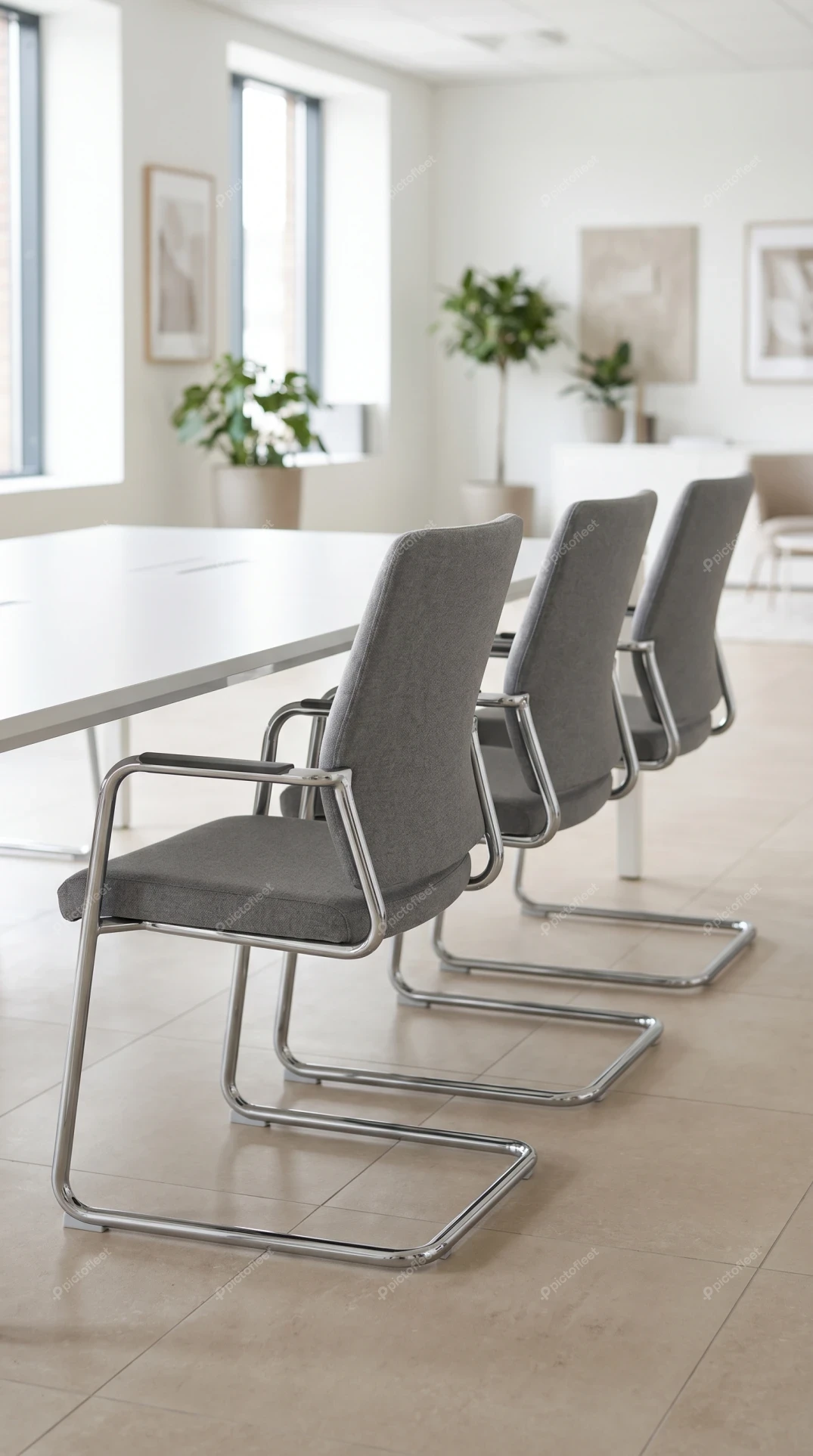 Row of grey cantilever chairs in modern bright office room