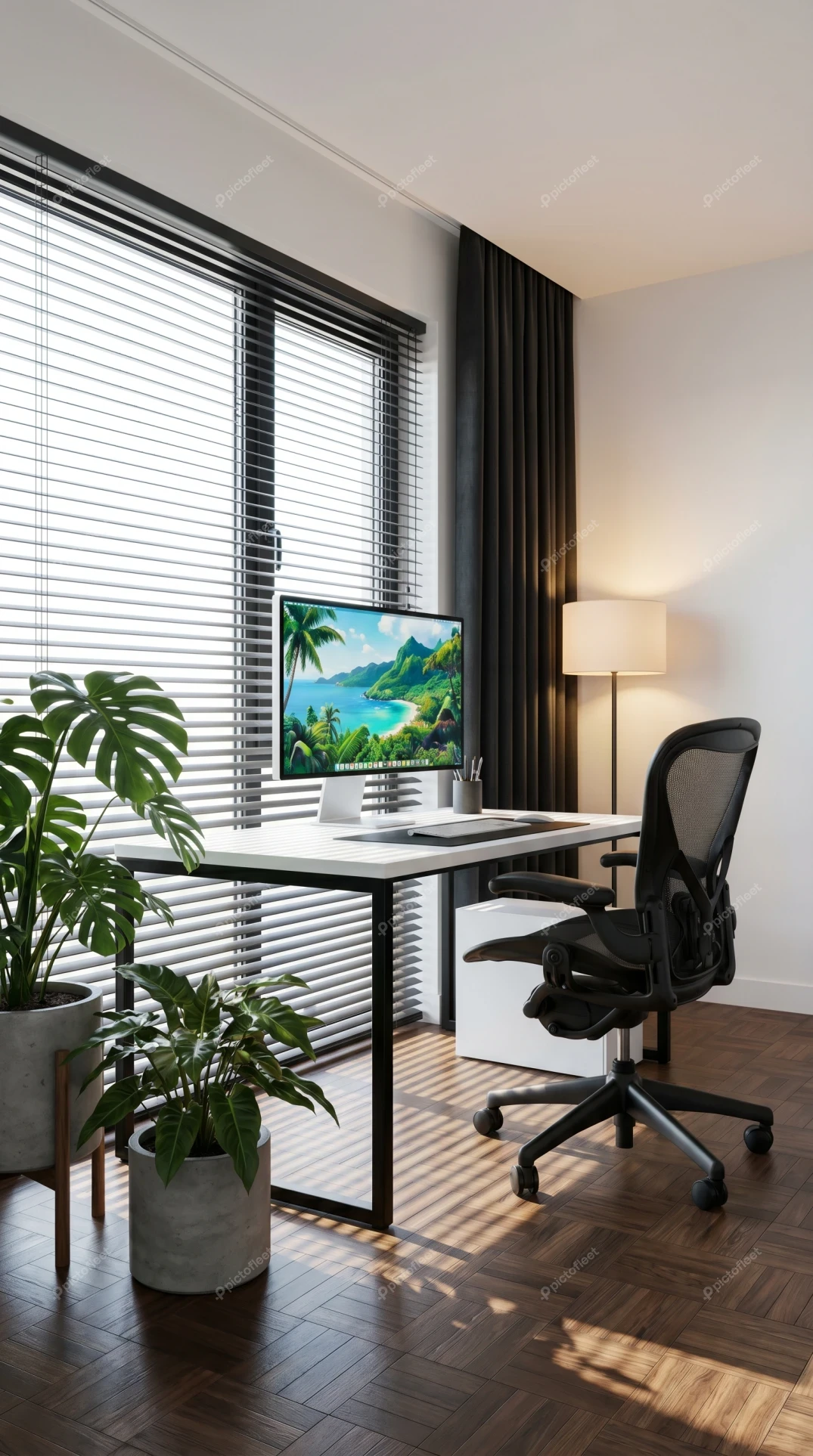 Modern home office setup with desk and ergonomic chair